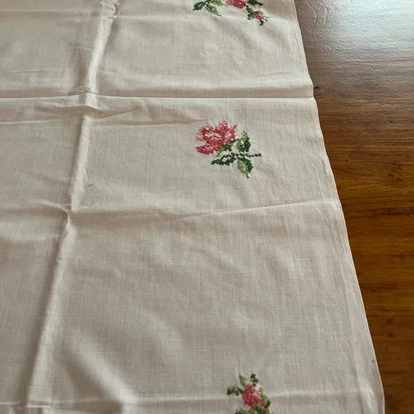 Vintage White Linen Tablecloth with Pink and Green Flowers and Leaves - Picture 5 of 9